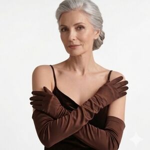 Beloved Millinery Elegant Fine Brown Satin Elbow Opera Gloves NWT